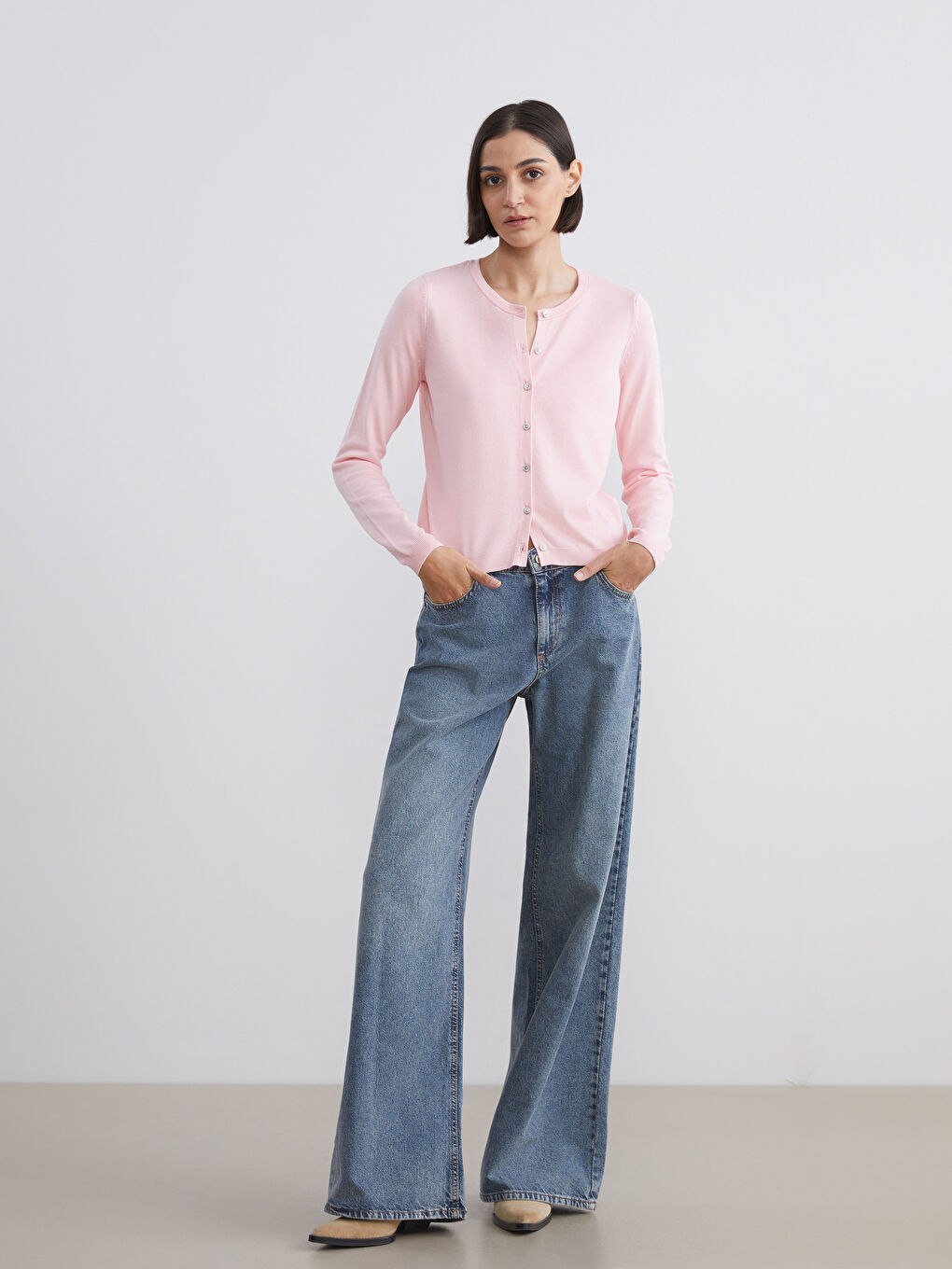 Pembe Bisiklet Yaka Kadın Triko Hırka-1