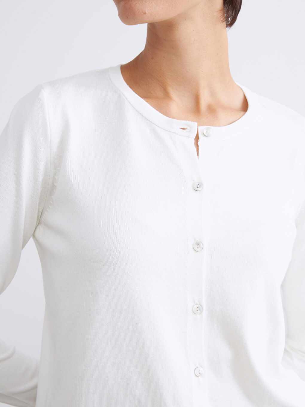 Ekru Bisiklet Yaka Kadın Triko Hırka-2