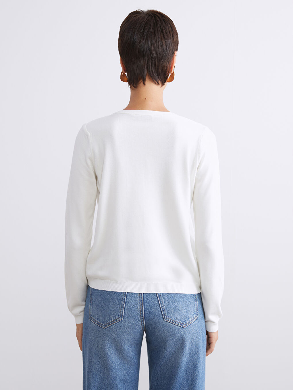 Ekru Bisiklet Yaka Kadın Triko Hırka-3