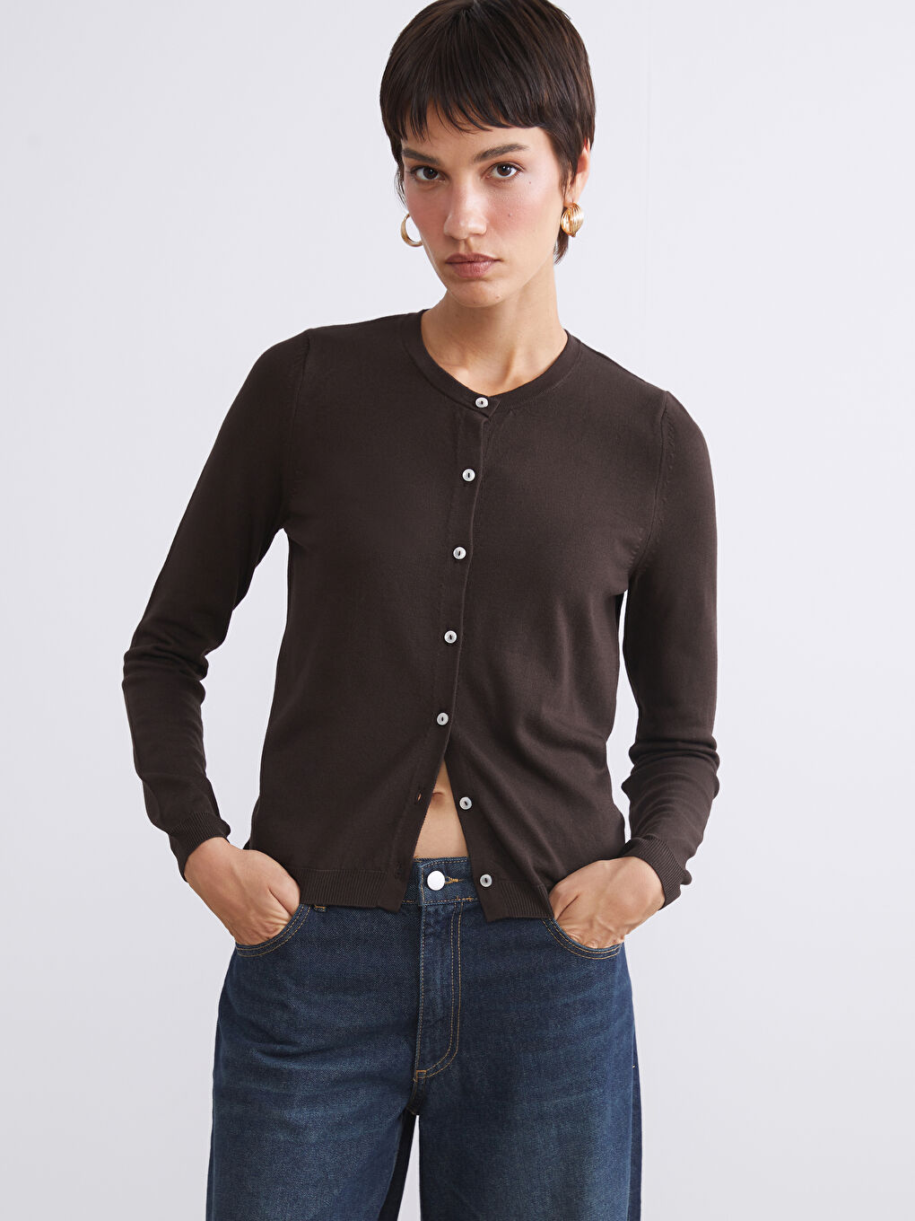 Kahverengi Bisiklet Yaka Kadın Triko Hırka