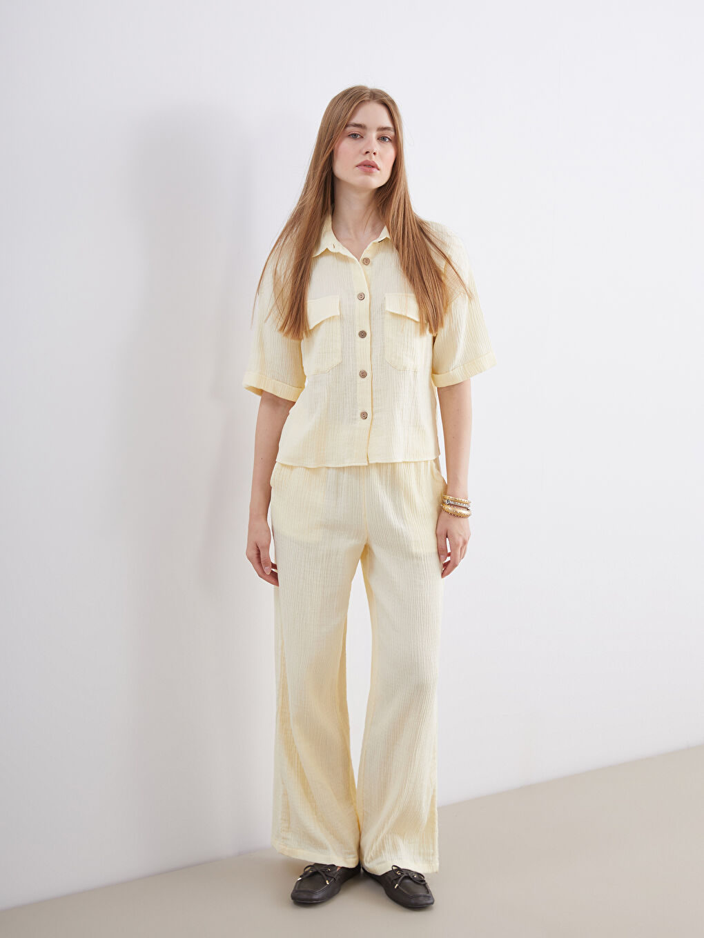 Elastic Waist Textured Muslin Women's Trousers