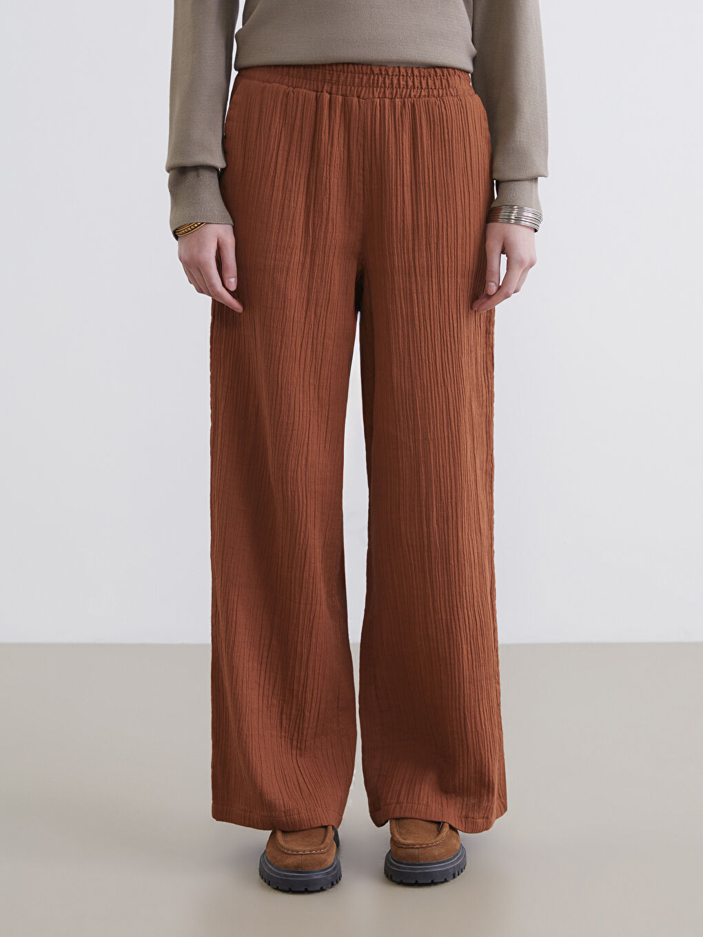 سروال نساء موسلين مزخرف بخصر مطاطي-1