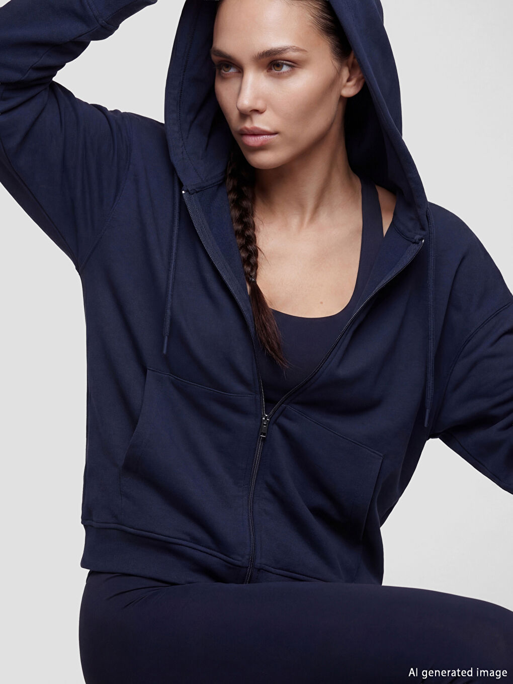 Lacivert Kapüşonlu Soft Touch Kadın Fermuarlı Sweatshirt