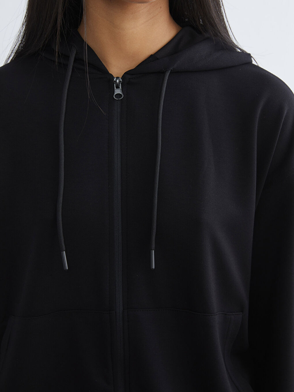 Siyah Kapüşonlu Soft Touch Kadın Fermuarlı Sweatshirt-2