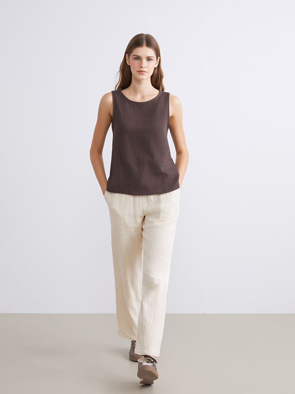 Elastic Waist Textured Muslin Women's Trousers