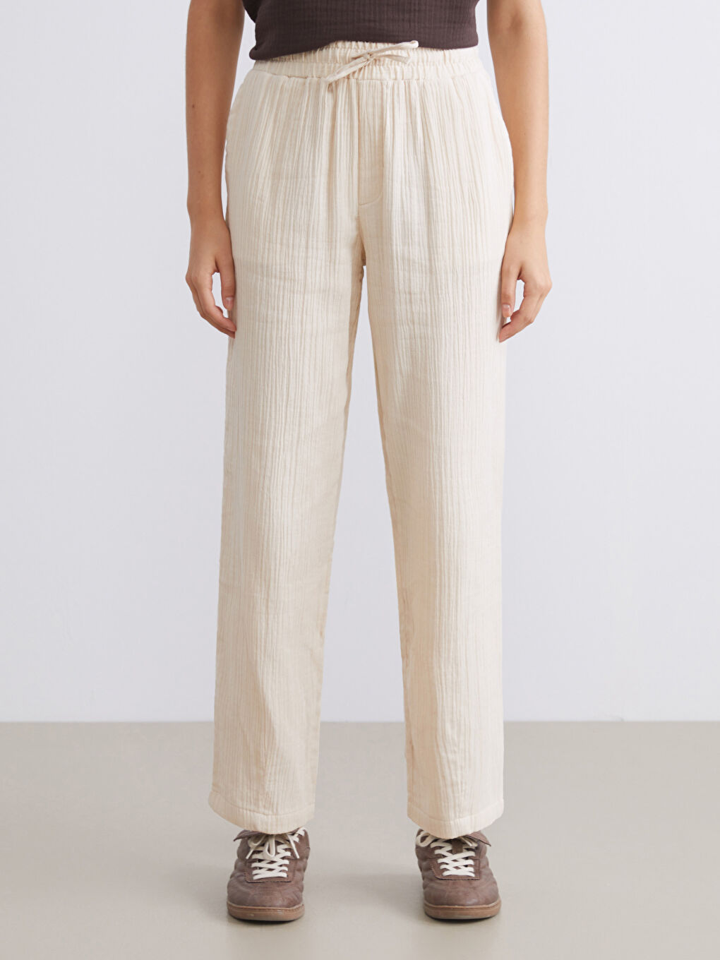 Elastic Waist Textured Muslin Women's Trousers-1