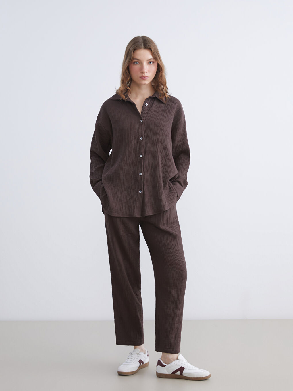 Elastic Waist Textured Muslin Women's Trousers