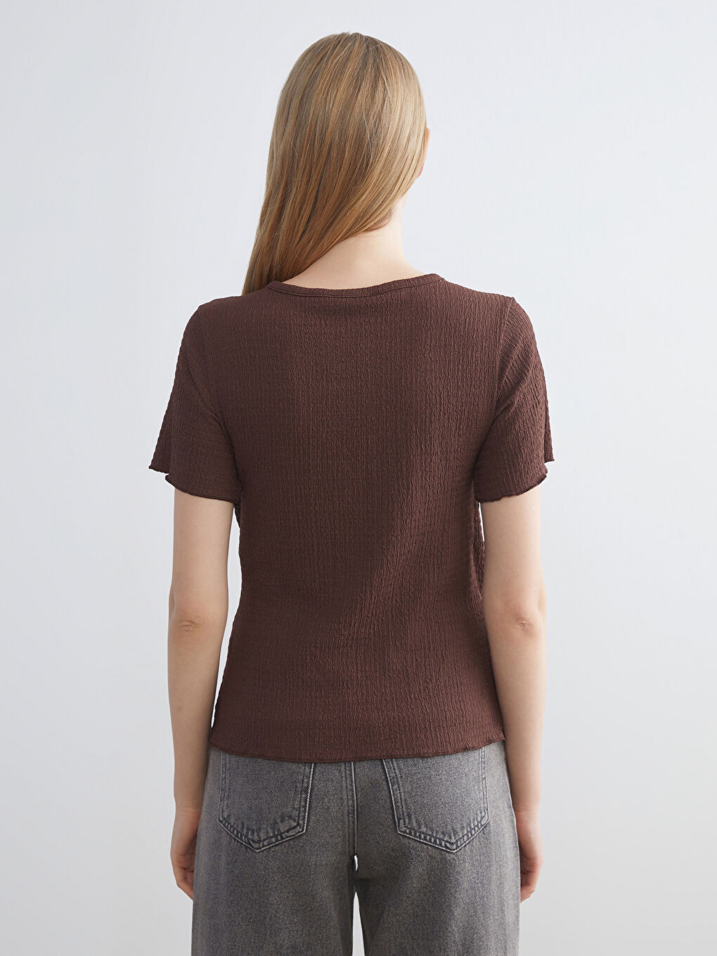 Kahverengi Kruvaze Yaka Dokulu Bluz-3