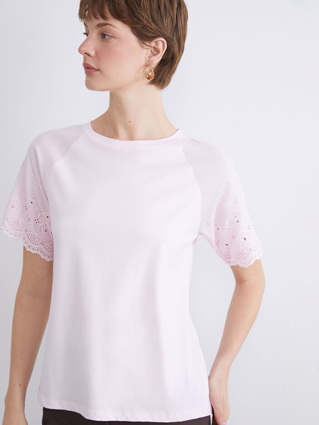 Pembe Bisiklet Yaka Ajurlu Bluz