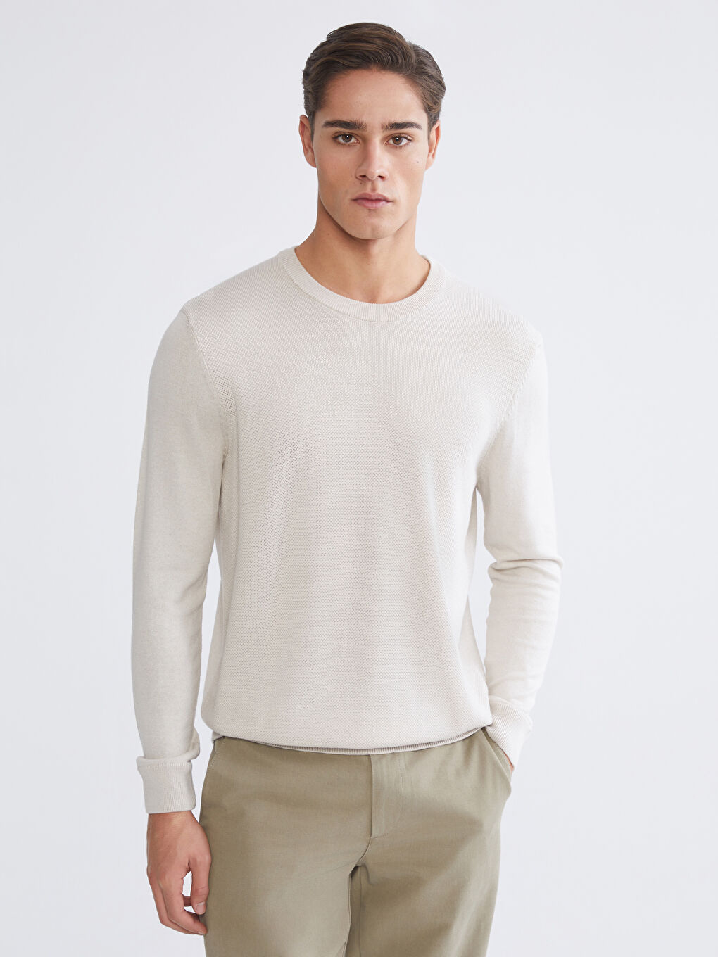 Bej Bisiklet Yaka Erkek Kazak