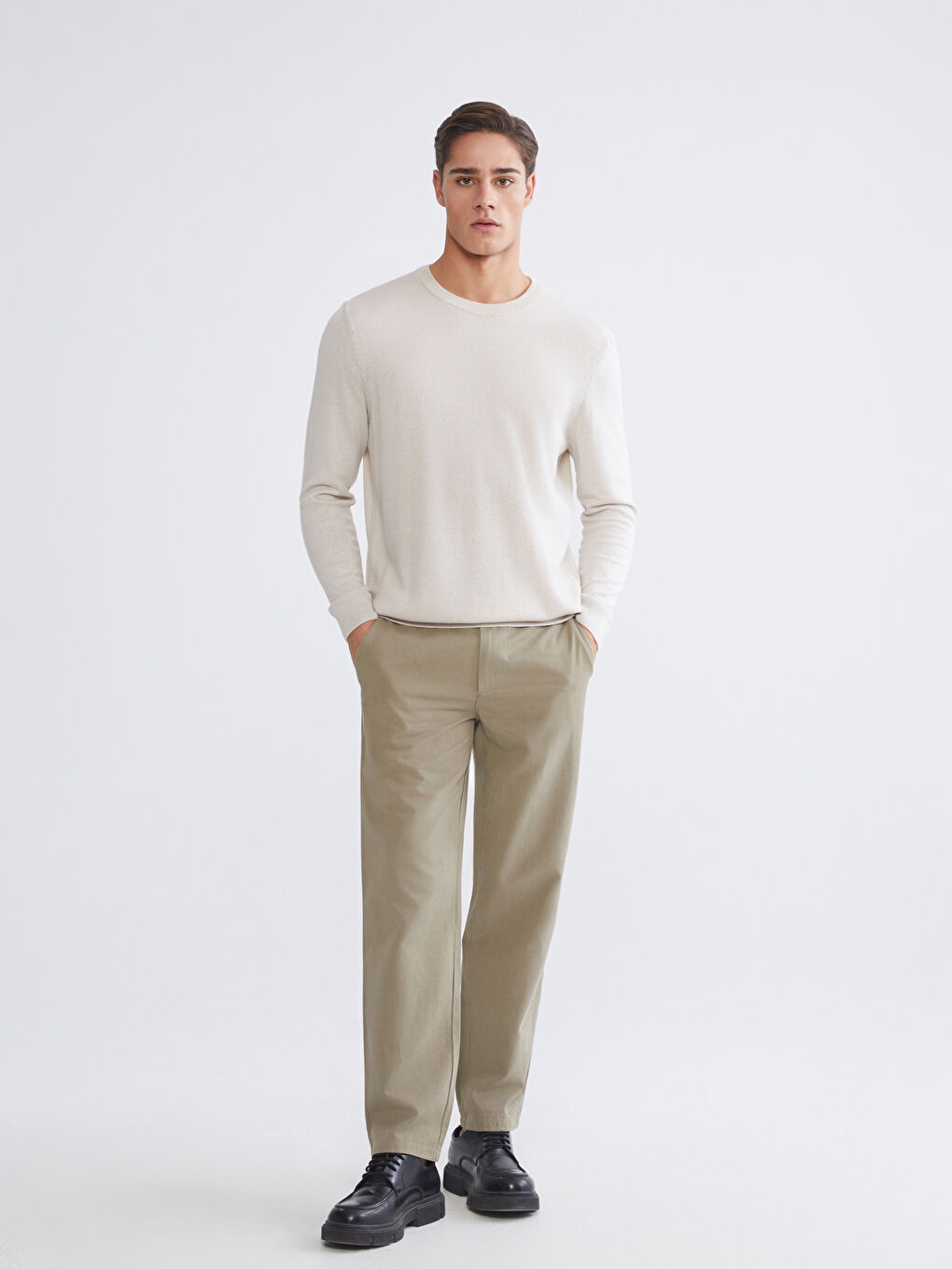 Bej Bisiklet Yaka Erkek Kazak-1