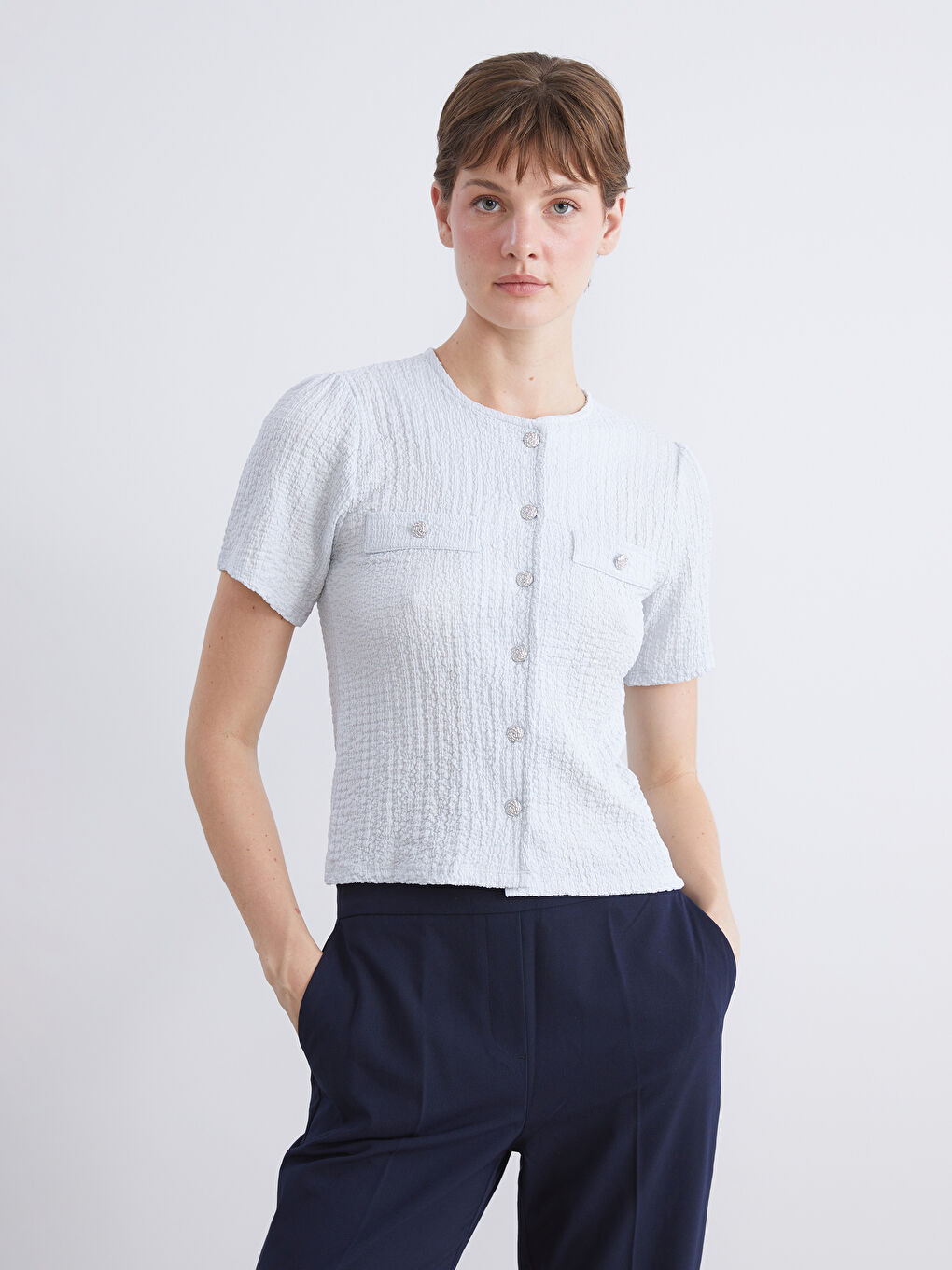 Mavi Bisiklet Yaka Dokulu Bluz