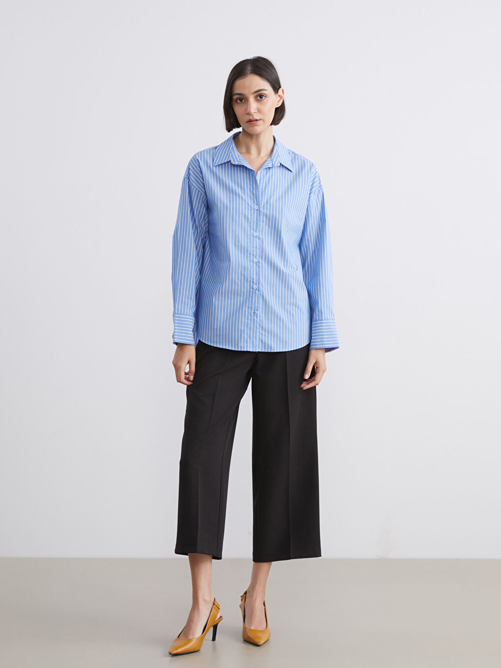 Mavi Çizgili Oversize Poplin Kadın Gömlek-2