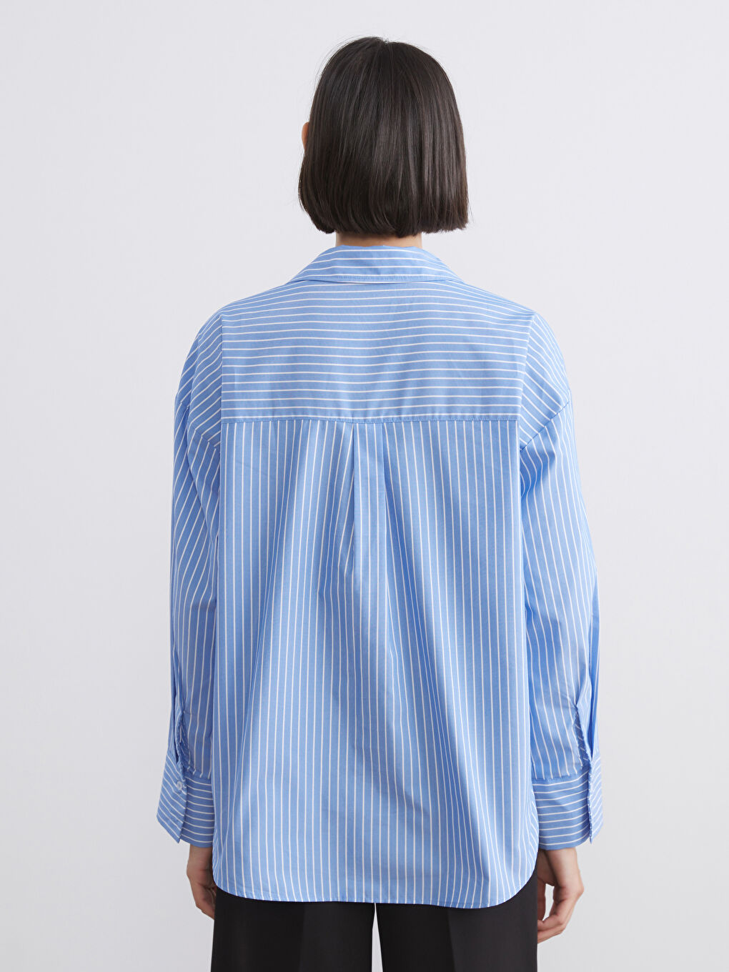 Mavi Çizgili Oversize Poplin Kadın Gömlek-4