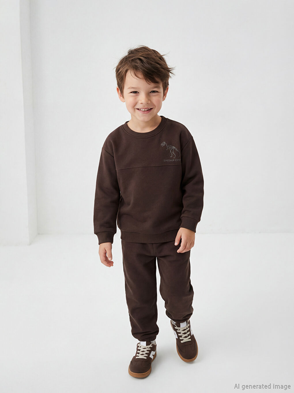 Kahverengi Dinozor Baskılı Erkek Çocuk Kalın Sweatshirt ve Eşofman Altı