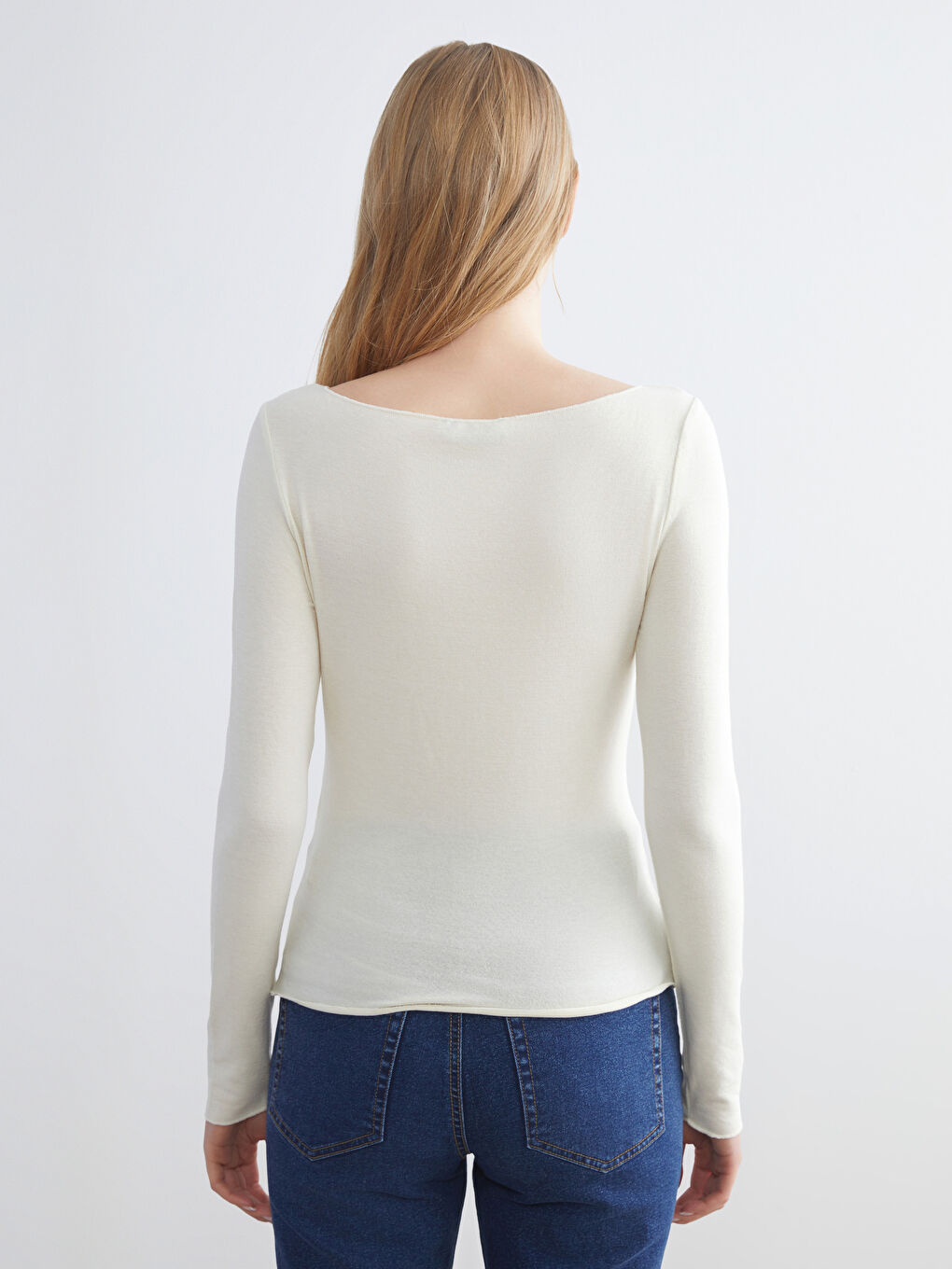 Ekru Bisiklet Yaka Kadın Body-3