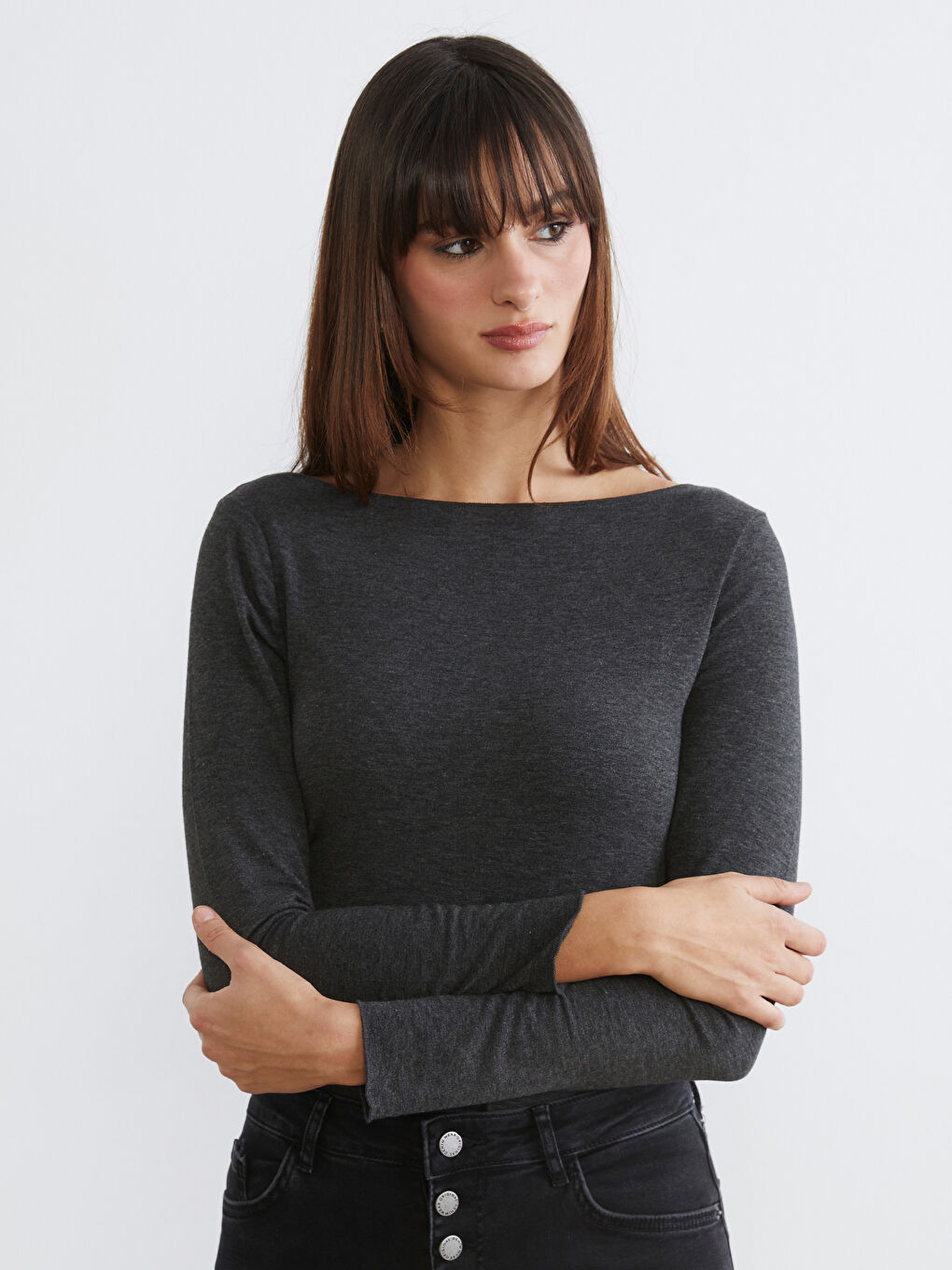 Antrasit Bisiklet Yaka Kadın Body