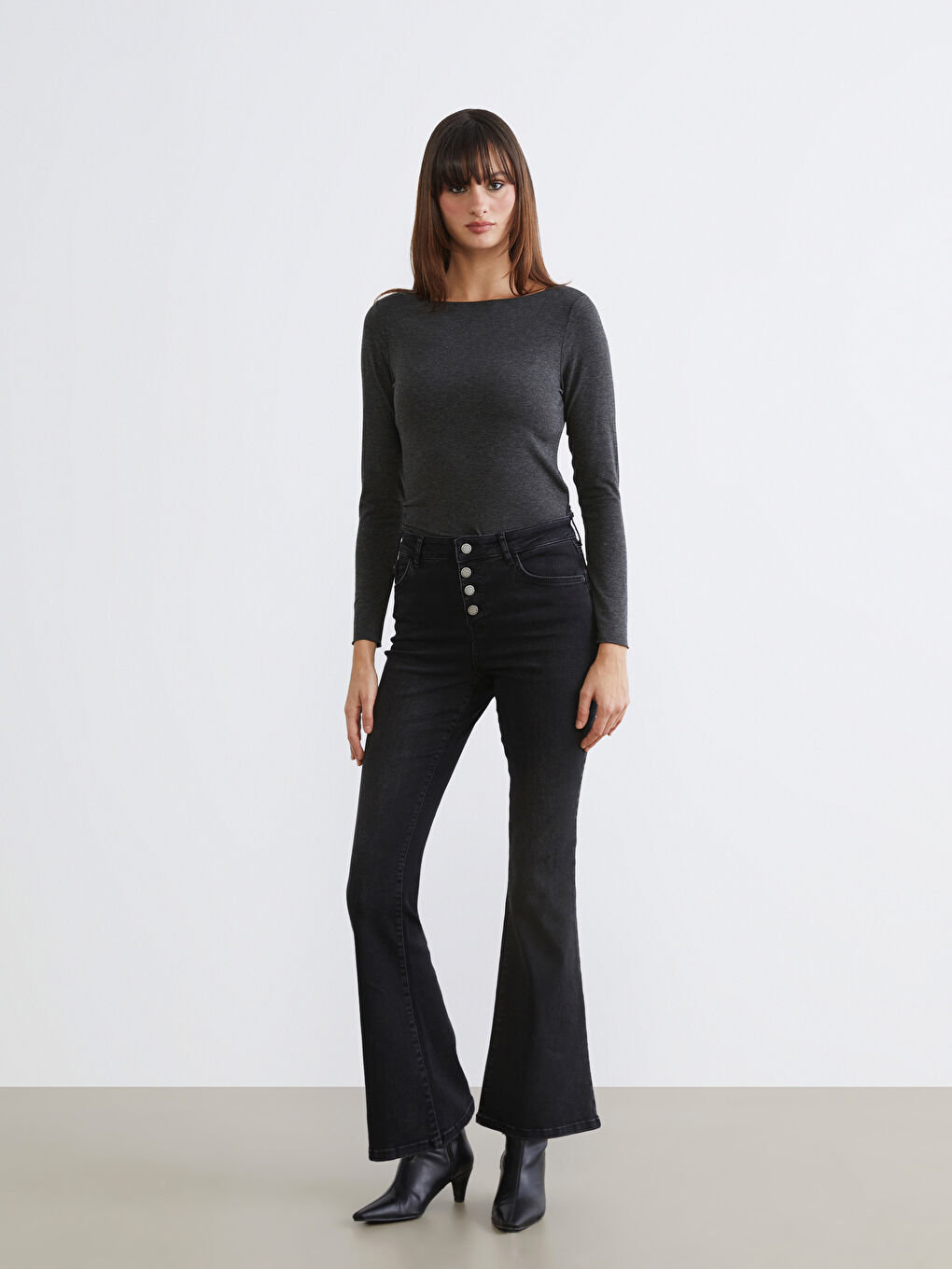 Antrasit Bisiklet Yaka Kadın Body-1