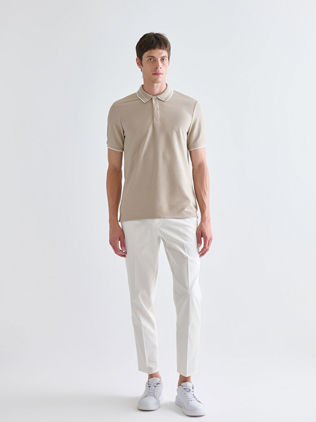 Bej Polo Yaka Penye Erkek Tişört-1