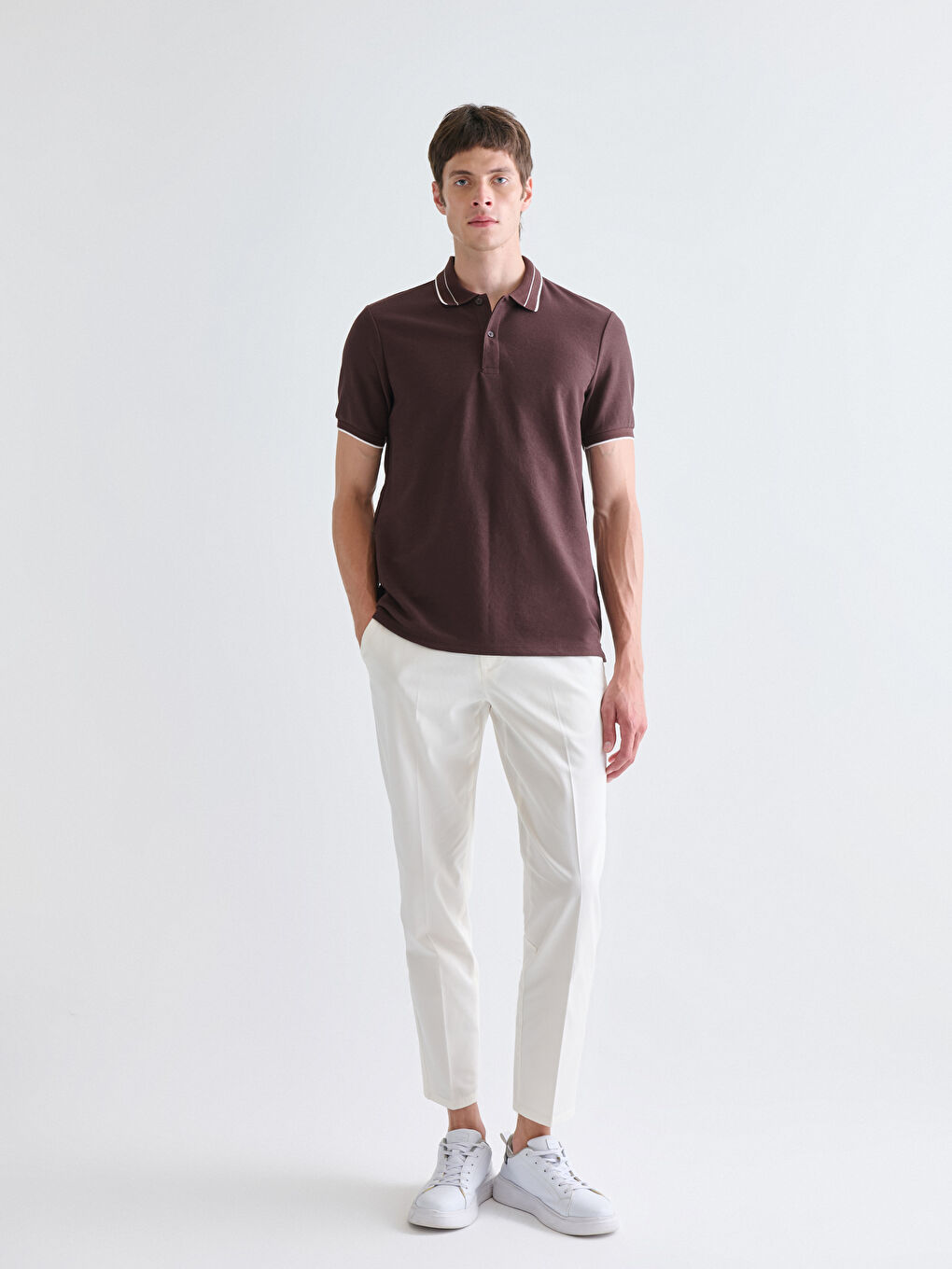 Kahverengi Polo Yaka Penye Erkek Tişört-1