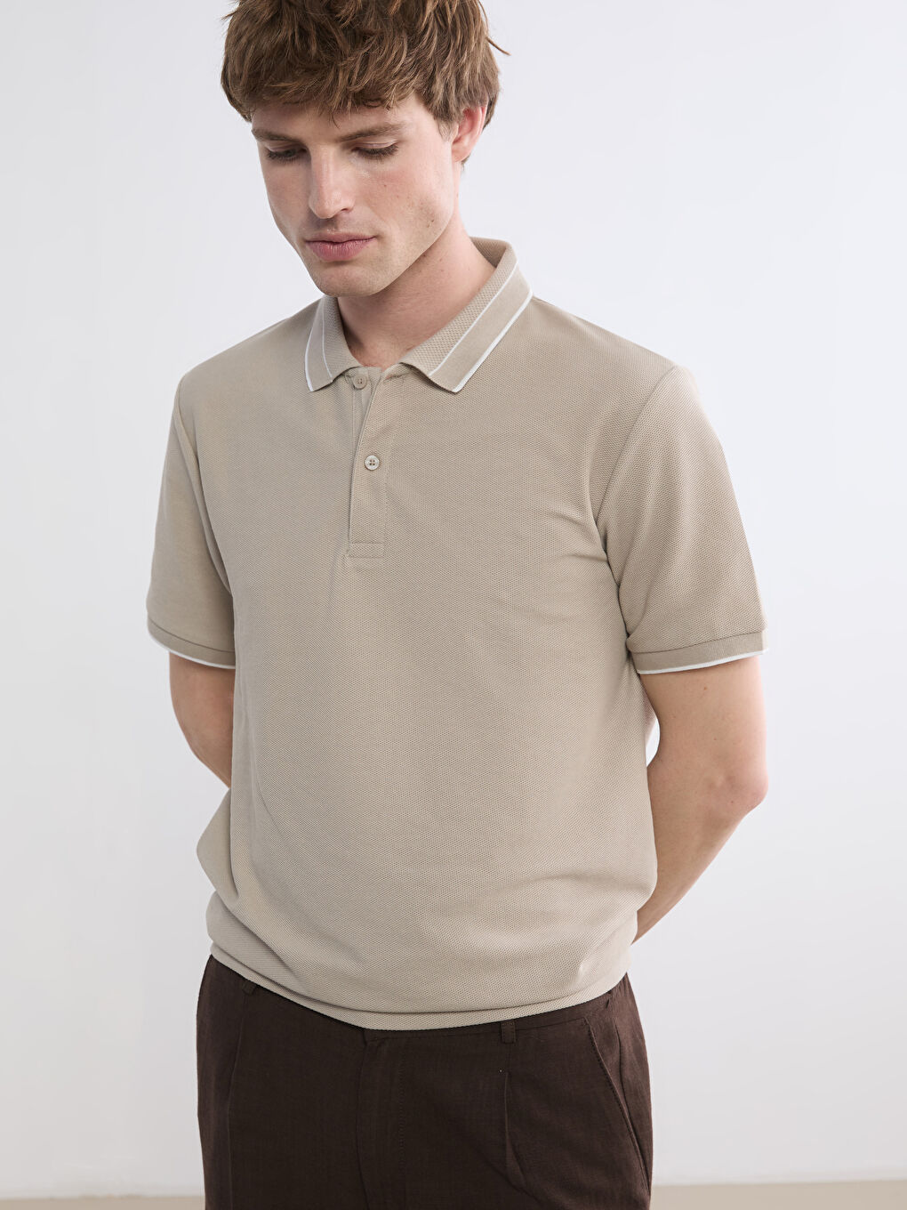 Bej Polo Yaka Penye Erkek Tişört-1