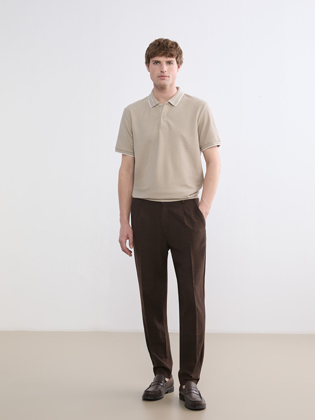 Bej Polo Yaka Penye Erkek Tişört-2