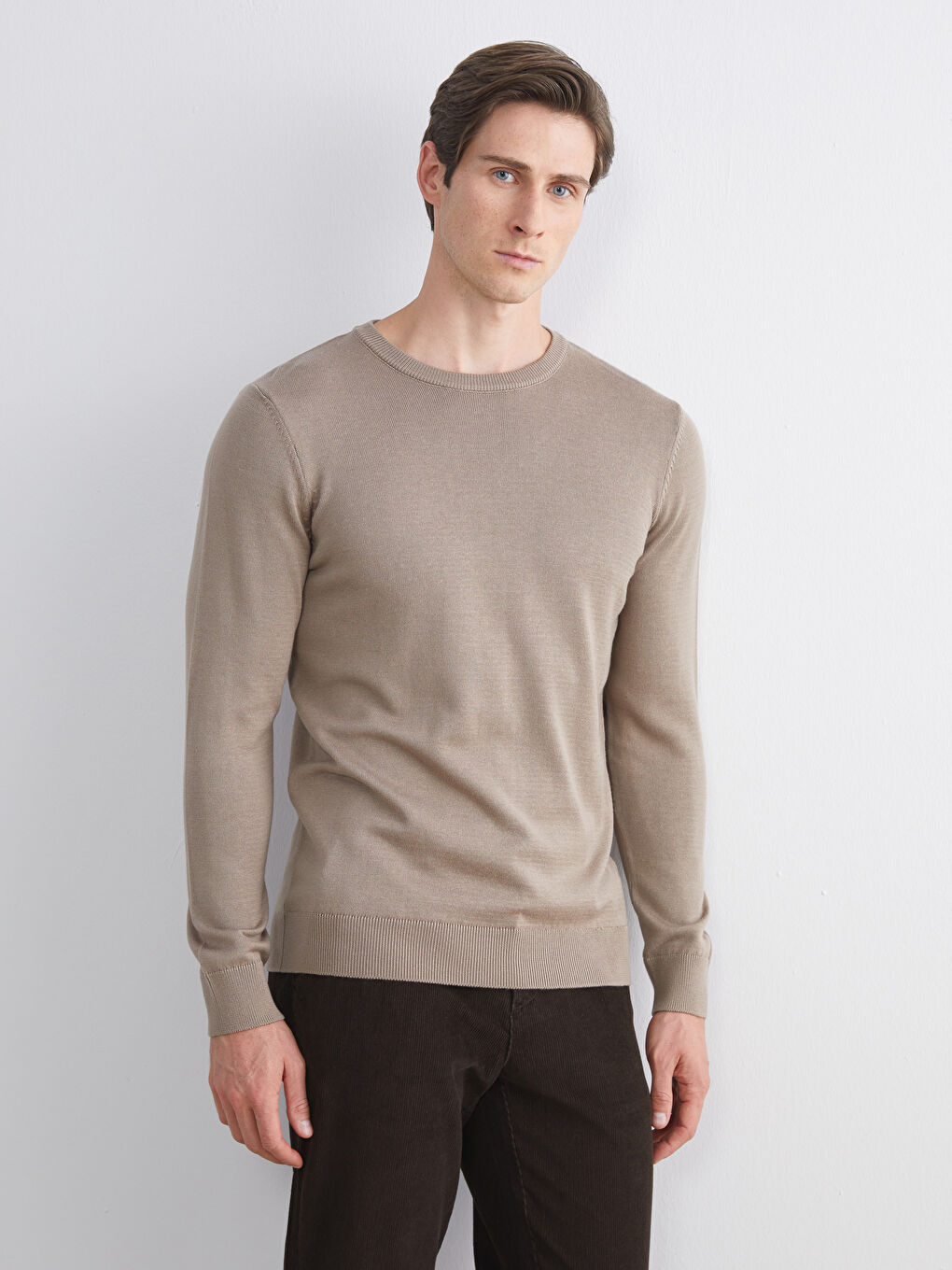 Bej Bisiklet Yaka Erkek Triko Kazak