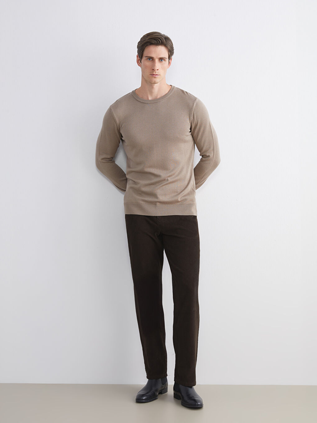 Bej Bisiklet Yaka Erkek Triko Kazak-1