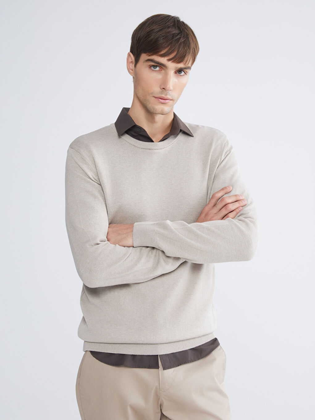 Bej Bisiklet Yaka Erkek Triko Kazak