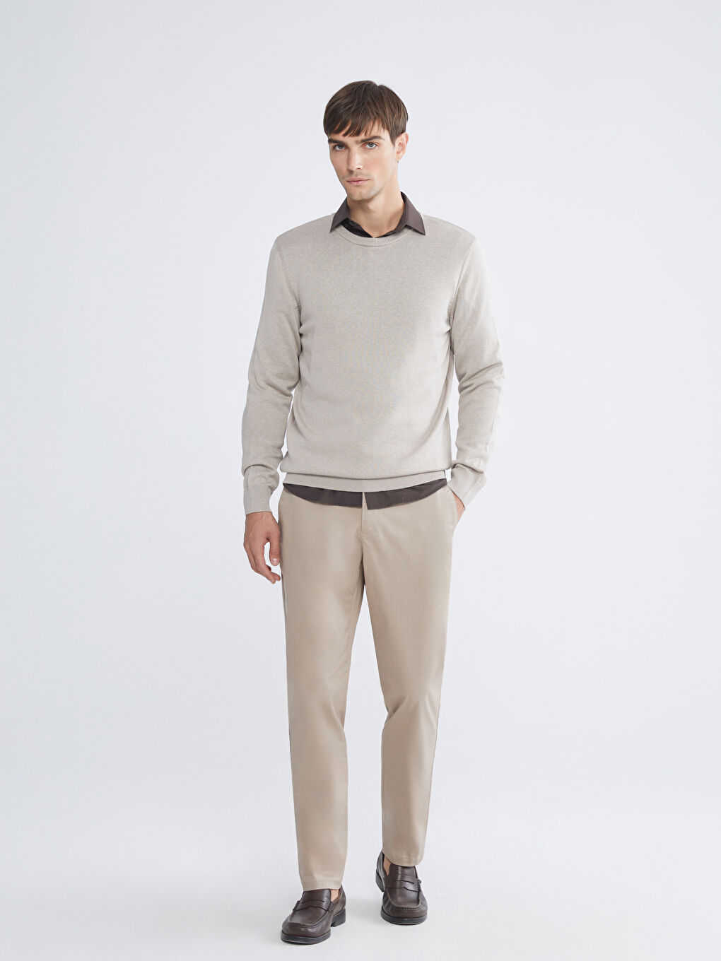 Bej Bisiklet Yaka Erkek Triko Kazak-1