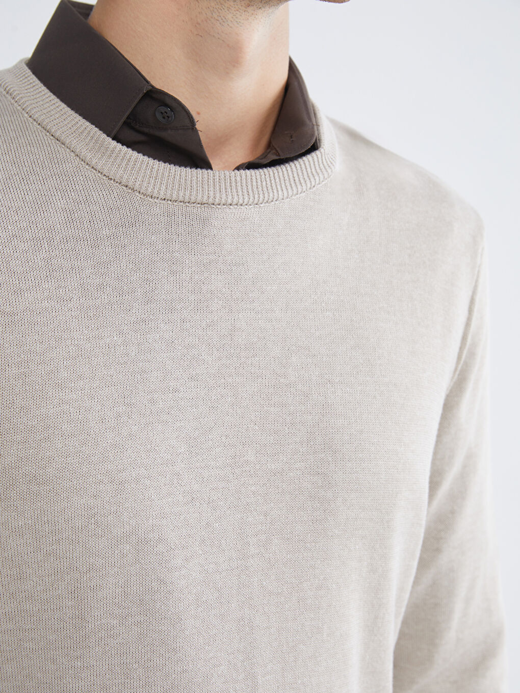 Bej Bisiklet Yaka Erkek Triko Kazak-2