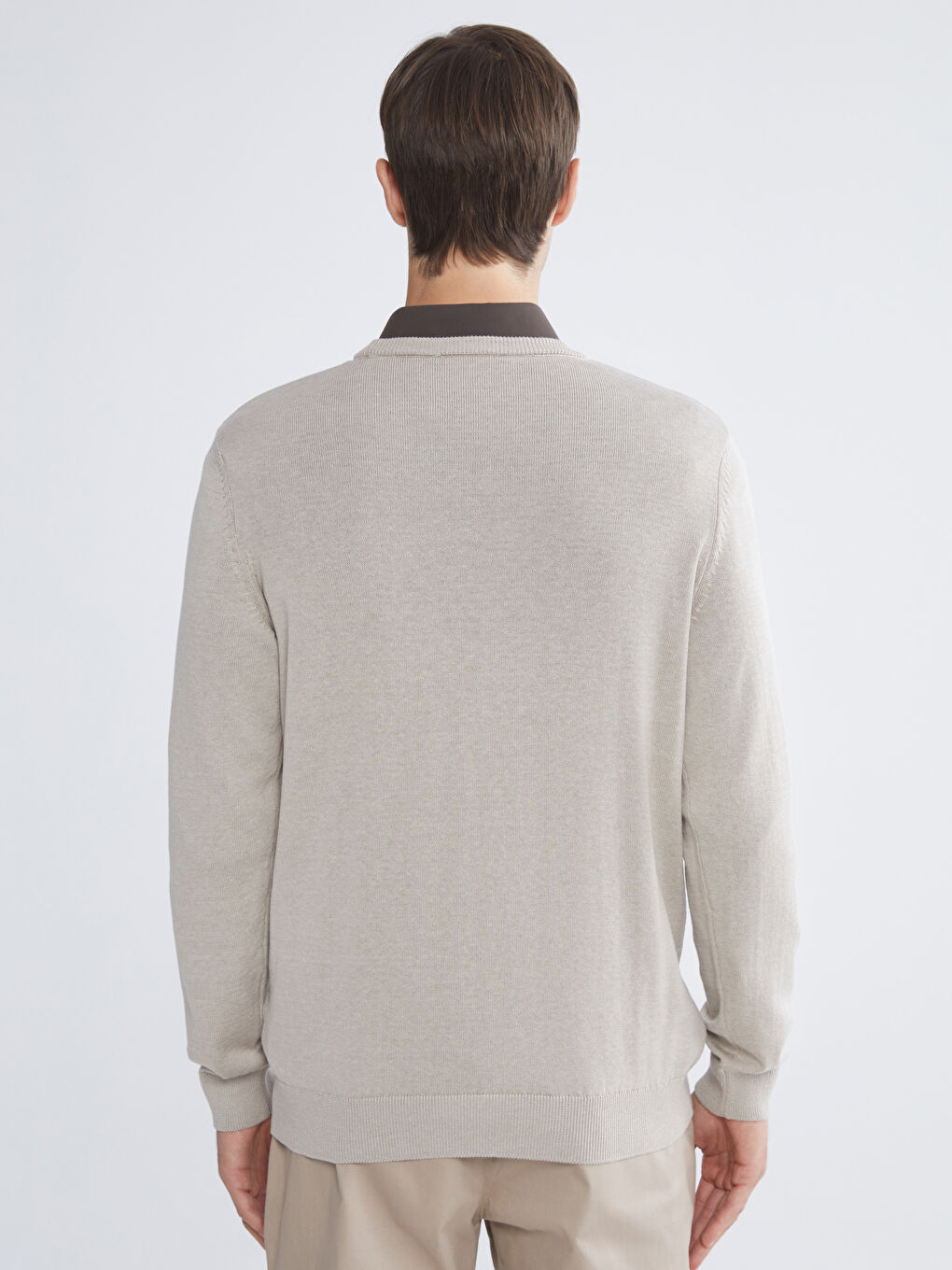 Bej Bisiklet Yaka Erkek Triko Kazak-3