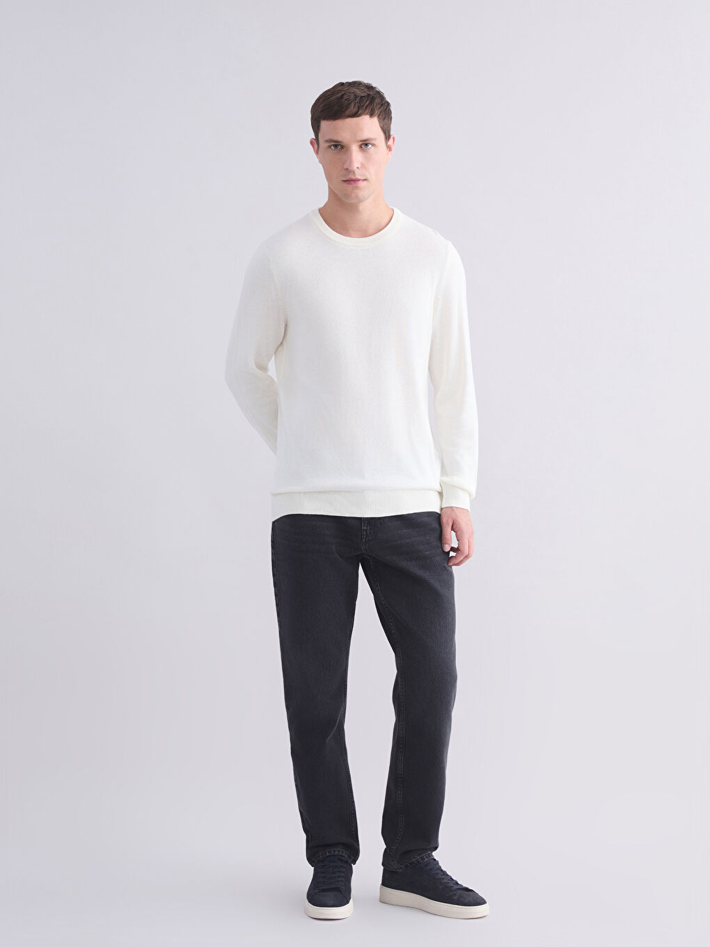 Ekru Bisiklet Yaka Erkek Triko Kazak-1