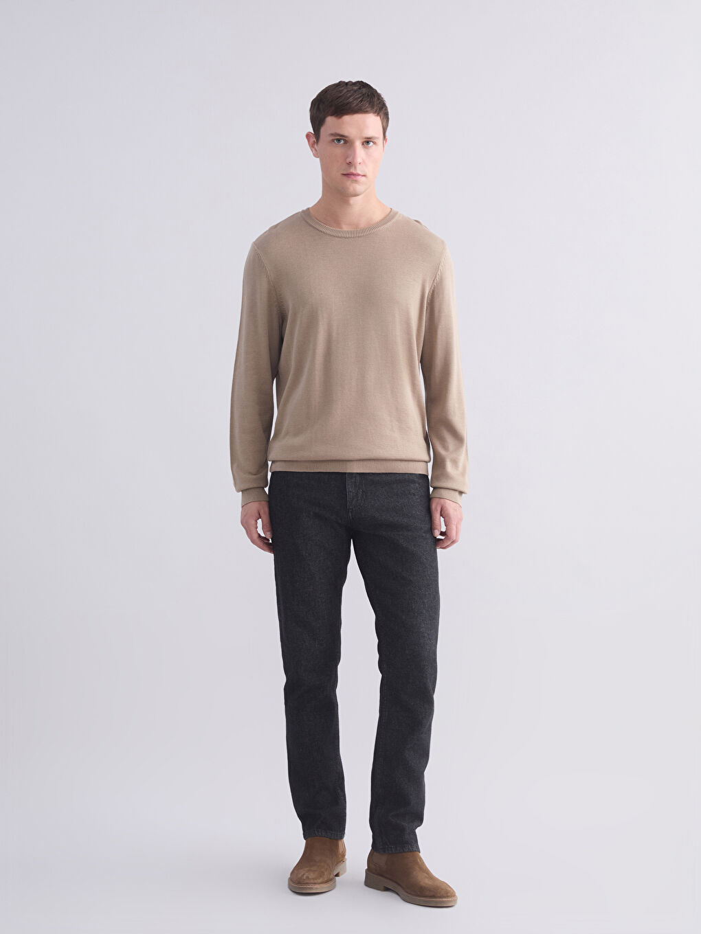 Bej Bisiklet Yaka Erkek Triko Kazak-1