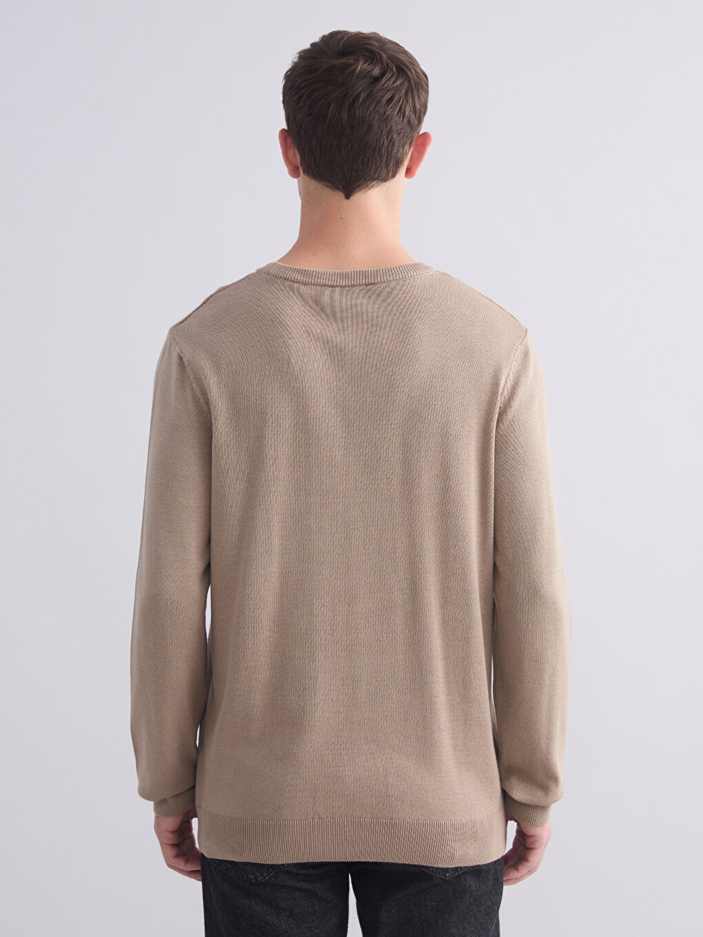 Bej Bisiklet Yaka Erkek Triko Kazak-3