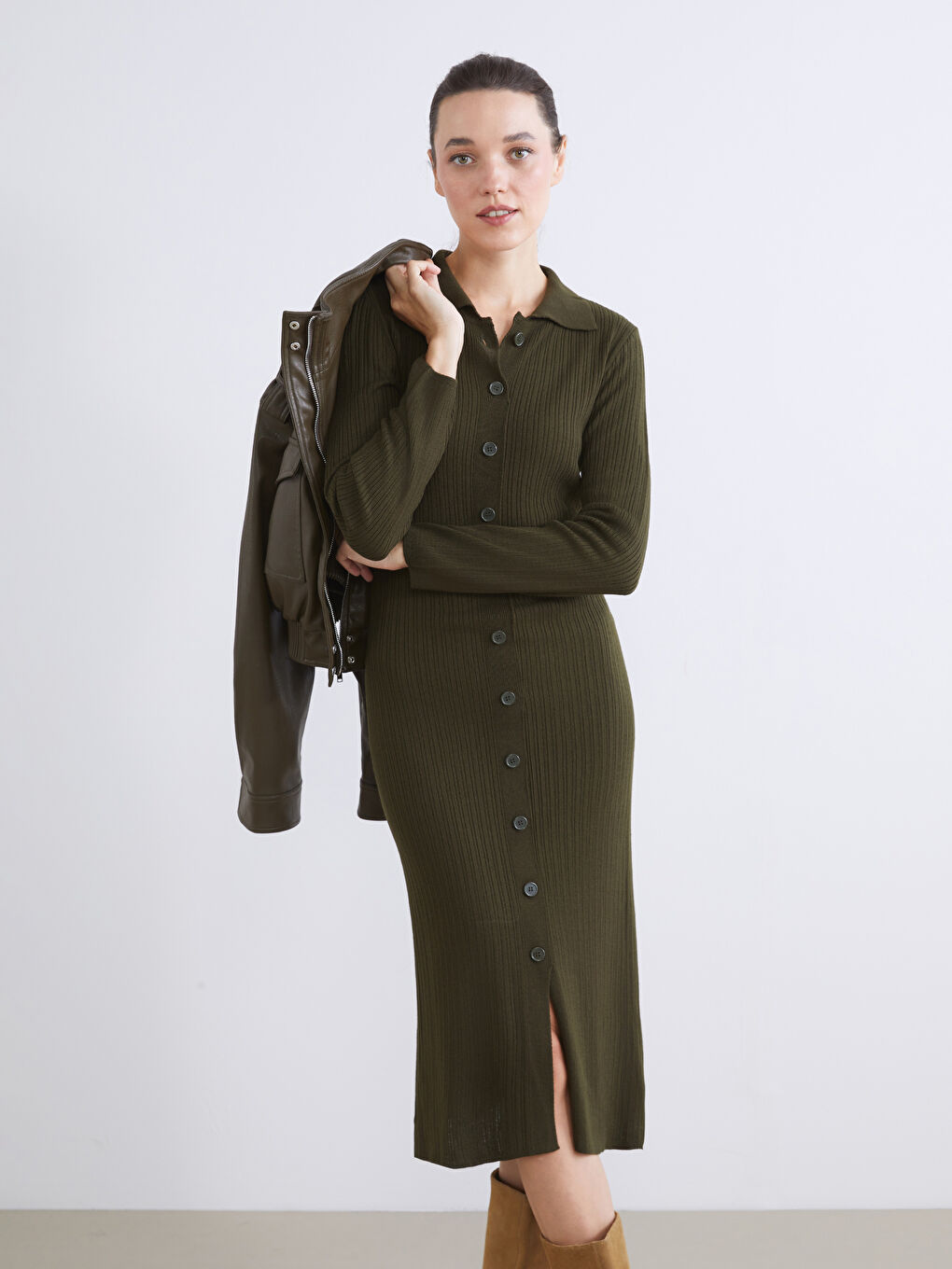 Haki Polo Yaka Triko Elbise-1