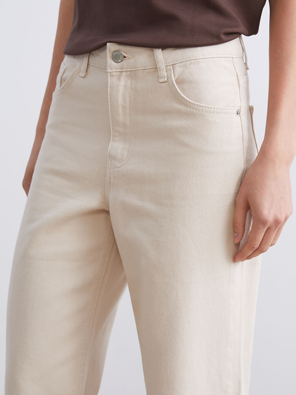 Ekru Straight Fit Kadın Jean Pantolon-2