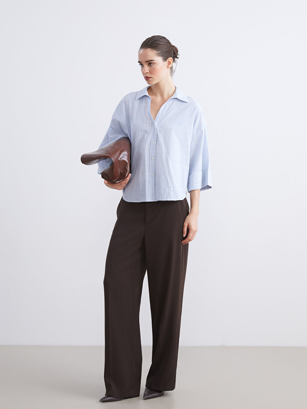 Mavi Çizgili Oversize Kadın Gömlek-1