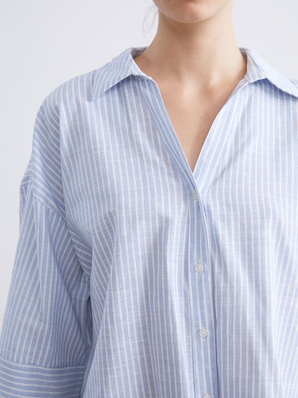 Mavi Çizgili Oversize Kadın Gömlek-2