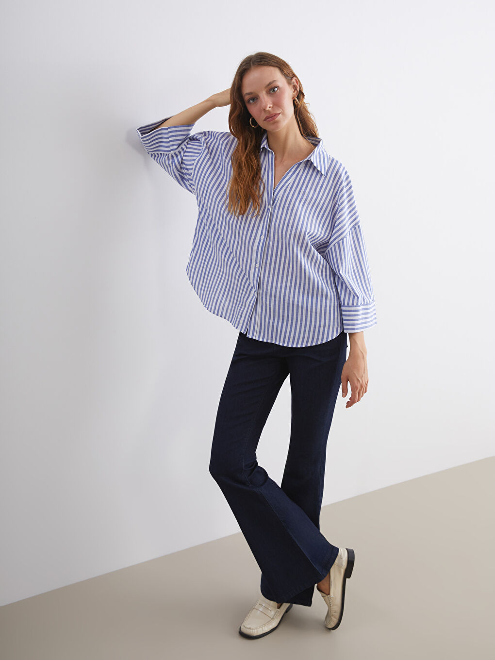 Mavi Çizgili Oversize Kadın Gömlek-1