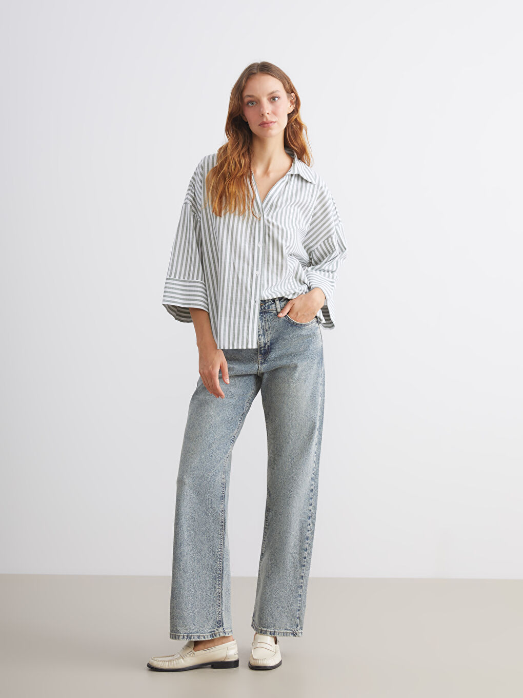 Yeşil Çizgili Oversize Kadın Gömlek-1