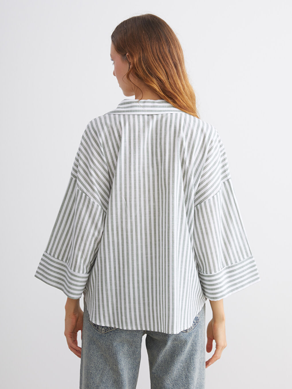 Yeşil Çizgili Oversize Kadın Gömlek-3