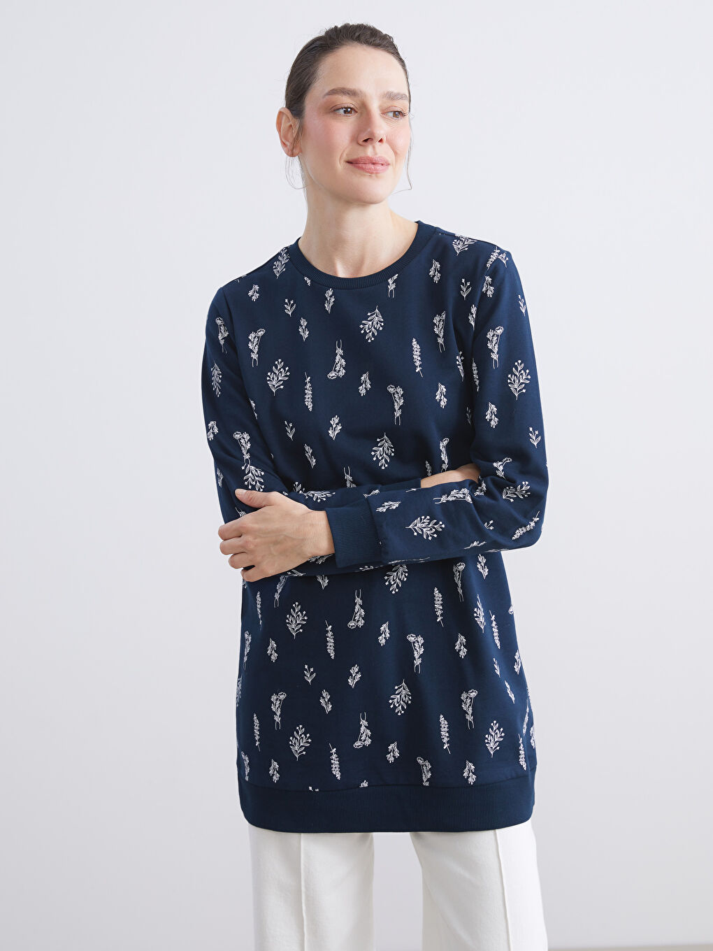 Crew Neck Floral Women's Sweatshirt Tunic