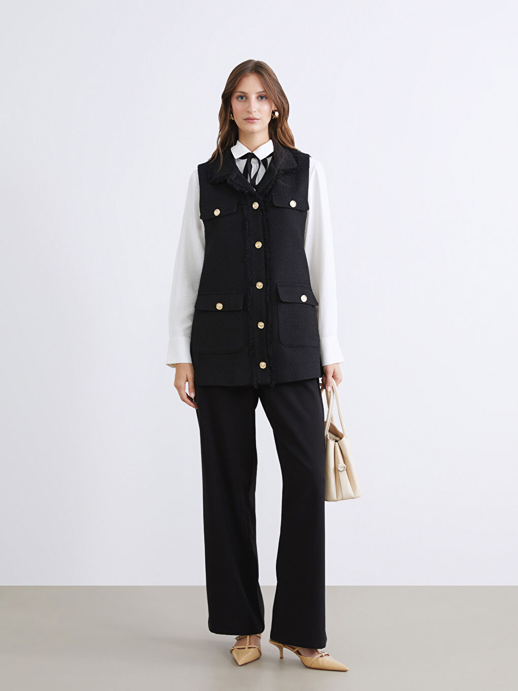 Siyah Gömlek Yaka Kadın Tüvit Yelek-2