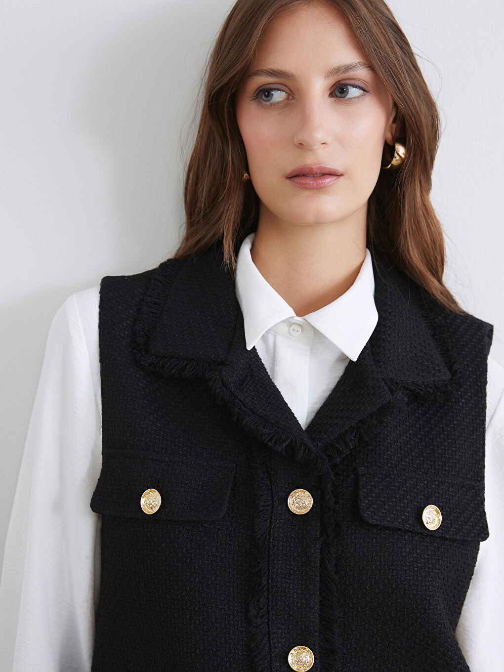 Siyah Gömlek Yaka Kadın Tüvit Yelek-3