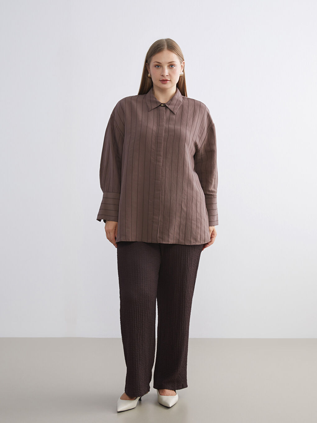 Kahverengi Çizgili Modal Karışımlı Kadın Gömlek Tunik-5