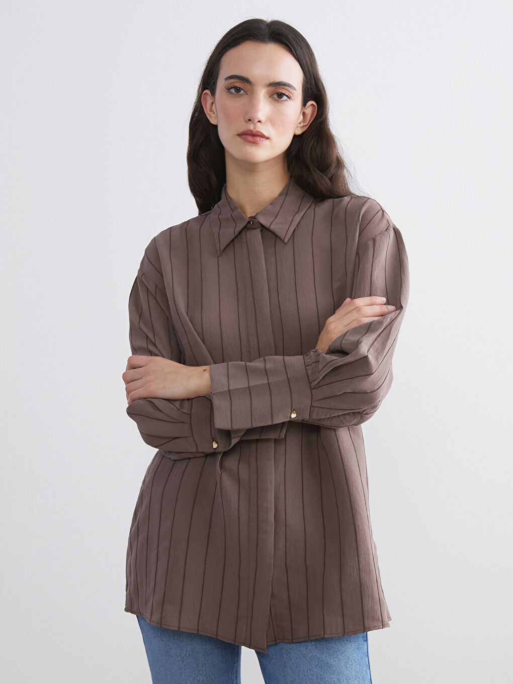 Kahverengi Çizgili Modal Karışımlı Kadın Gömlek Tunik
