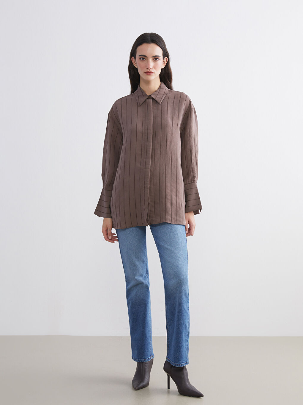 Kahverengi Çizgili Modal Karışımlı Kadın Gömlek Tunik-2