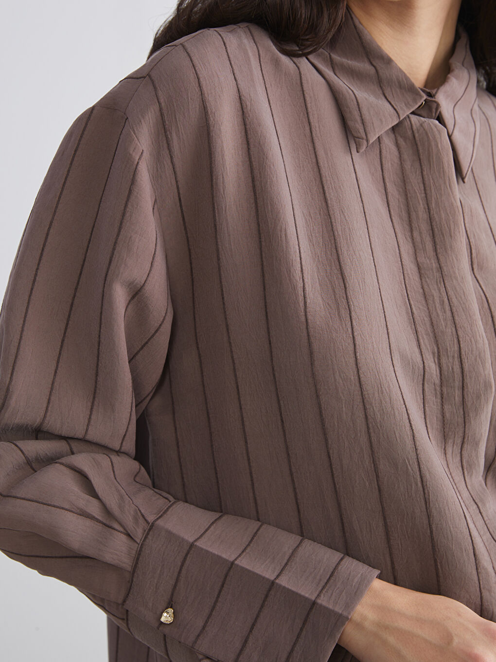 Kahverengi Çizgili Modal Karışımlı Kadın Gömlek Tunik-3