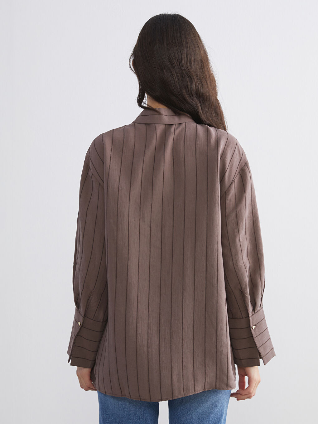 Kahverengi Çizgili Modal Karışımlı Kadın Gömlek Tunik-4